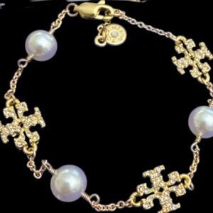 New Auth. Tory Burch Pave Kira Logo and Pearl Bracelet in Gold with Tag